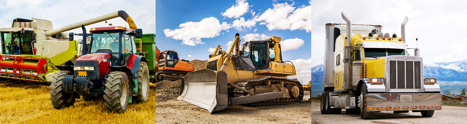farm equipment, construction equipment, trucks